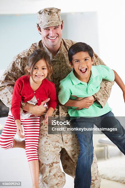 Children Greeting Military Father Home On Leave Stock Photo - Download Image Now - Child, Offspring, US Military