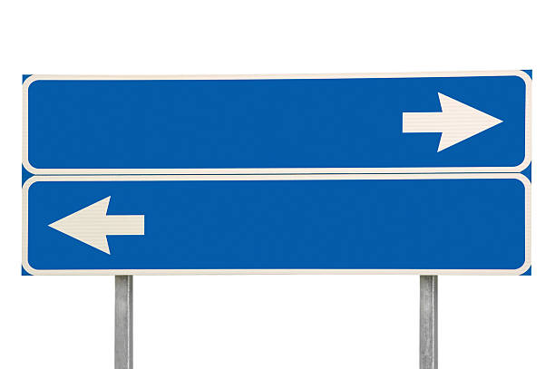 istock Crossroads Road Sign, White Arrows Blue Background, Isolated Copy Space 456010203