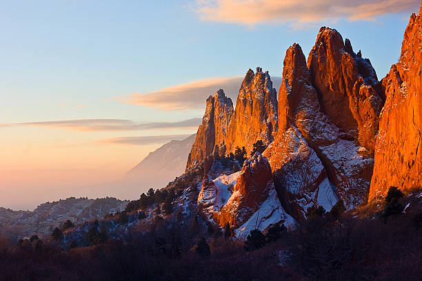 Garden of the Gods and skyline at dusk Garden of the Gods after a dusting of snow at sunrise colorado springs photos stock pictures, royalty-free photos & images