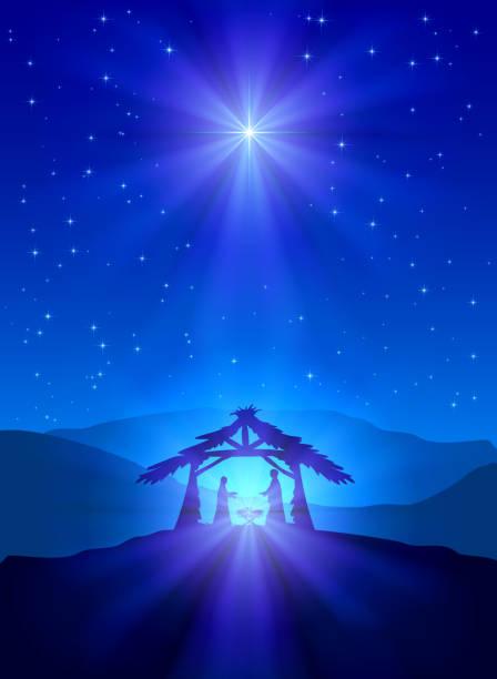 Christian Christmas night Christian Christmas night with shining star and Jesus, illustration. praying child christianity family stock illustrations