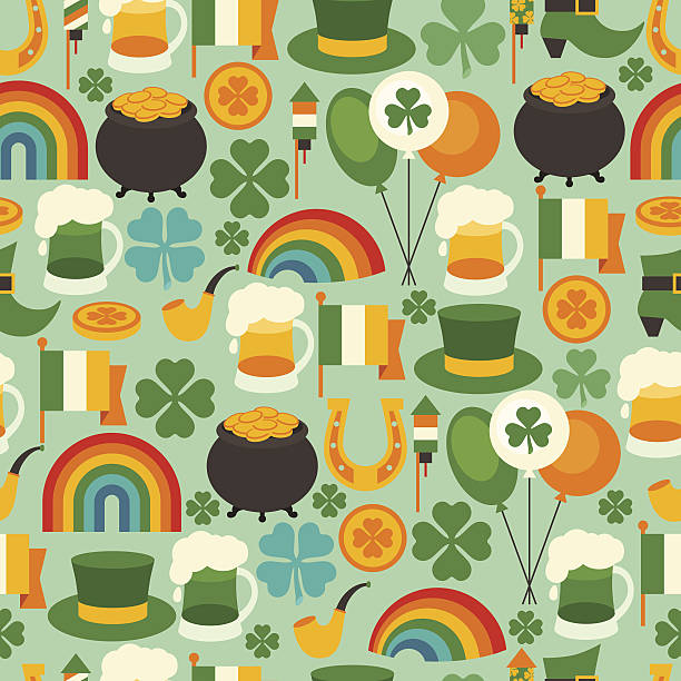 ilustraciones, imágenes clip art, dibujos animados e iconos de stock de saint patrick's day patrón sin costuras. - horseshoe backgrounds seamless vector