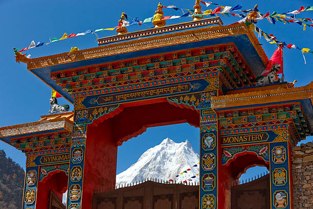 Atchitectural detail of buddhist Tengboche monastery  over Ama Dablam (6812 m) mountainin Himalaya mountains, Nepal