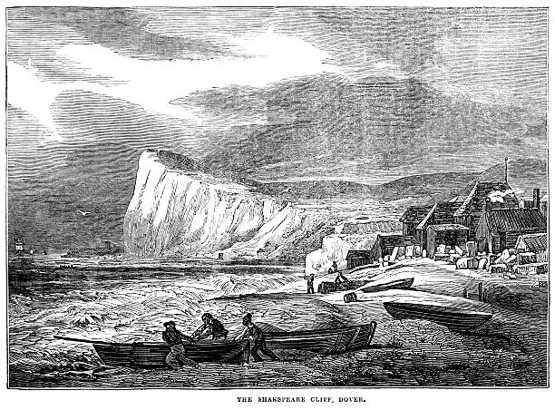 Shakespeare Cliff, Dover (Victorian engraving) Shakespeare Cliff, Dover, England, with fishermen working on the beach. From “The Saturday Magazine”, published in 1837 by the Committee of General Literature and Education appointed by the Society for Promoting Christian Knowledge.  north downs stock illustrations