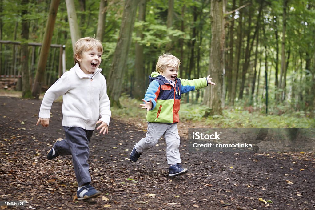 Two little sibling boys having fun Two little sibling boys having fun with yellow foliage in autumn park. Selective focus on small boy. Autumn Stock Photo