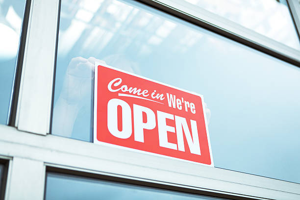 istock Business Opening Open Sign Display in Retail Store front 456025651