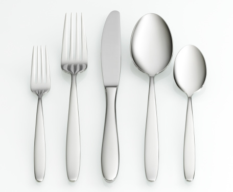 Fork, knife and spoon set on white background with clipping path