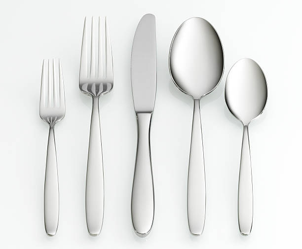 garfo, faca e colher conjunto - fork silverware table knife silver imagens e fotografias de stock