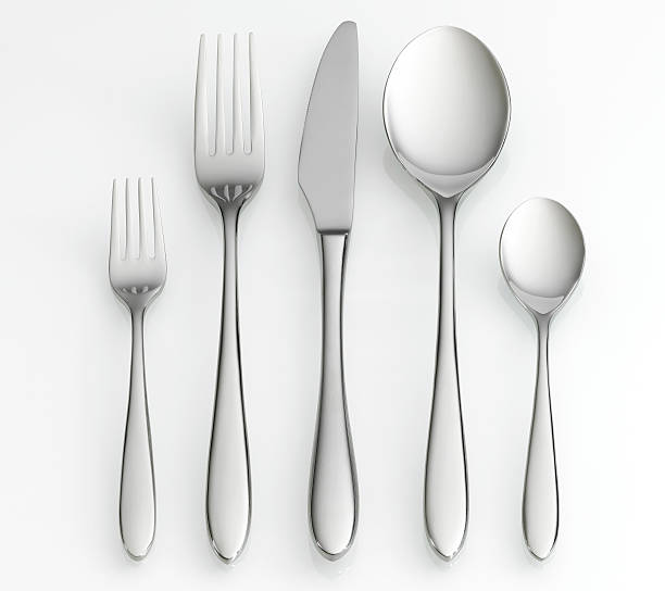 garfo, faca e colher conjunto - fork silverware table knife silver imagens e fotografias de stock