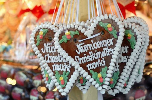 Gingerbread heart (Lebkuchenherz) at Nuremberg Christmas Market (Christkindlesmarkt) reading: