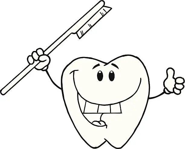 Vector illustration of Black and White Tooth Holding Toothbrush Also Thumb Up