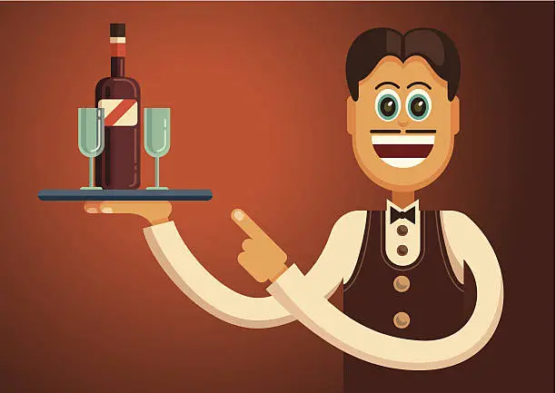 Vector illustration of Comic waiter carrying a bottle of wine.