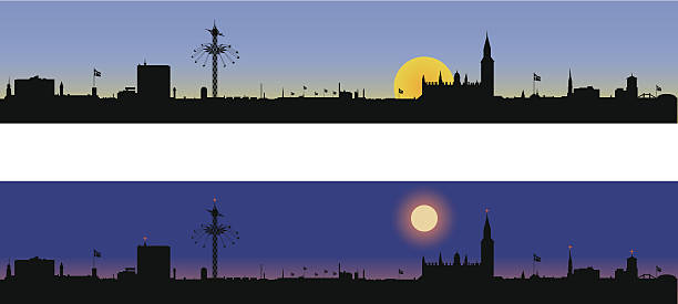 bildbanksillustrationer, clip art samt tecknat material och ikoner med copenhagen denmark skyline - day and night - copenhagen
