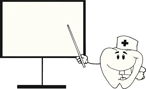 Vector illustration of Black and White Happy Tooth Holding A Pointer