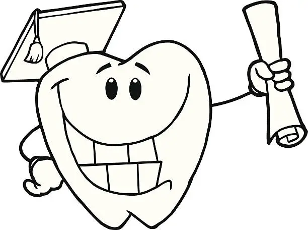 Vector illustration of Black and White Happy Tooth Holding A Diploma