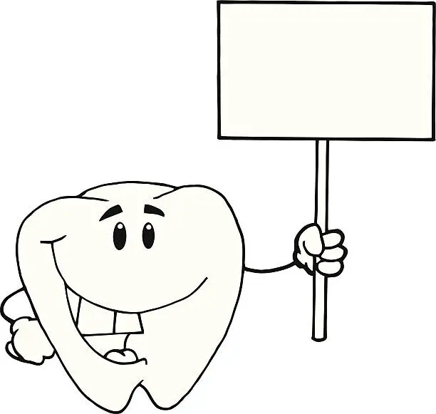 Vector illustration of Black and White Happy Tooth Holding A Blank Sign