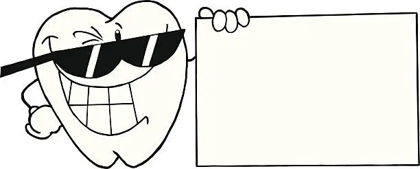 Vector illustration of Black and White Smiling Tooth Showing A Blank Sign