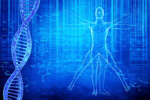 Moléculas de ADN y virtuvian hombre photo