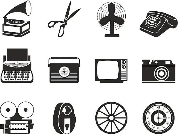 Vector illustration of Silhouette Retro business and office object icons