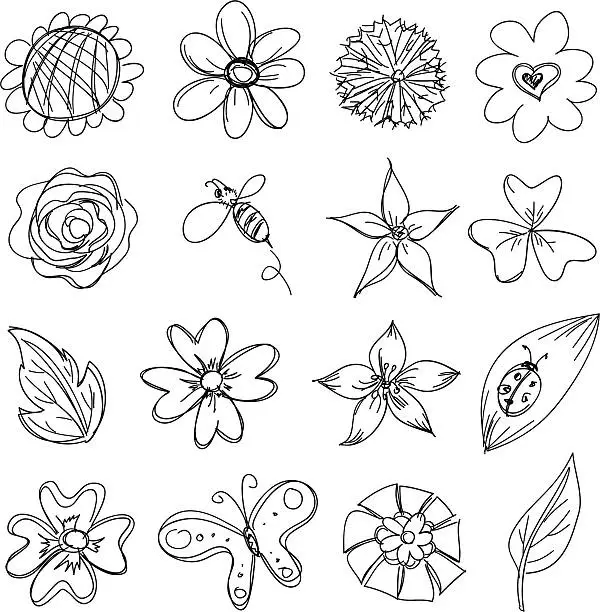 Vector illustration of Flowers collection in black and white