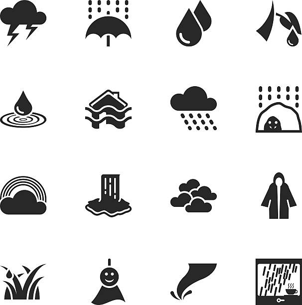 ilustraciones, imágenes clip art, dibujos animados e iconos de stock de iconos la temporada de lluvias silueta - weather cloud window rain