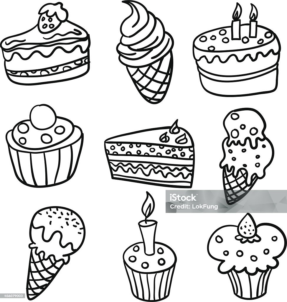 Cakes collection in Black and White 9 sketch drawing of different kinds of cakes and dessert . Doodle stock vector