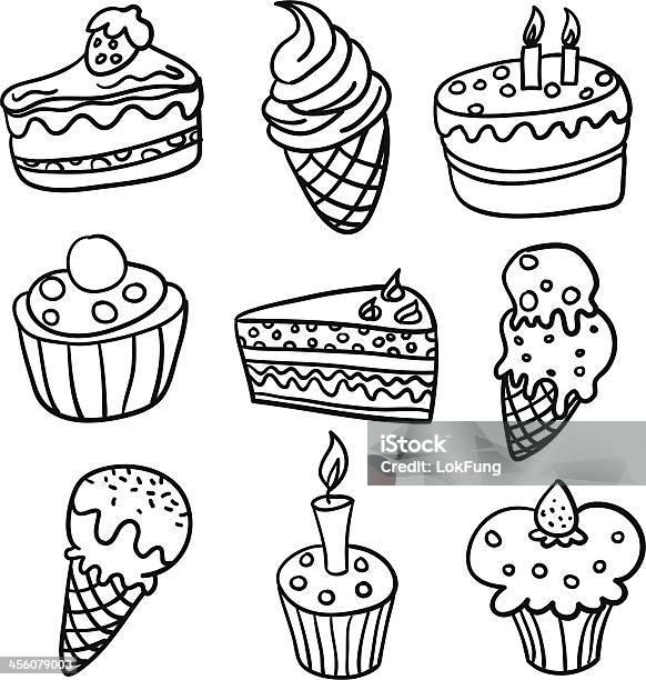 Cakes Collection In Black And White Stock Illustration - Download Image Now - Doodle, Cake, Birthday Cake