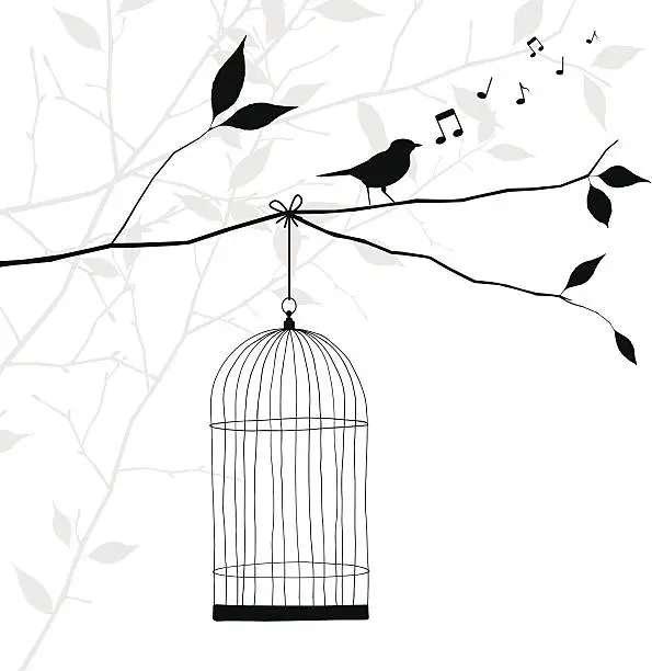 Vector illustration of bird singing on tree branch - freedom concept