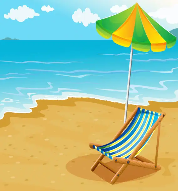 Vector illustration of seashore with a bench and an umbrella