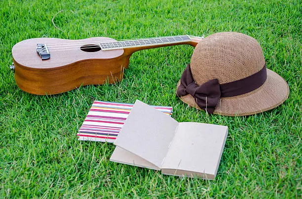 Photo of Ukulele lying on meadow with lovely hat and notebook.