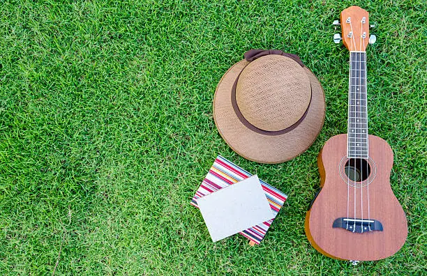 Photo of Ukulele lying on meadow with lovely hat and notebook.