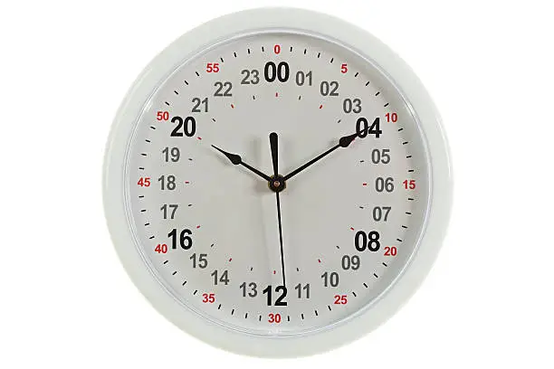 24 Hour dial wall clock. It is being used by submariners, army, polar explorers. Isolated on white.