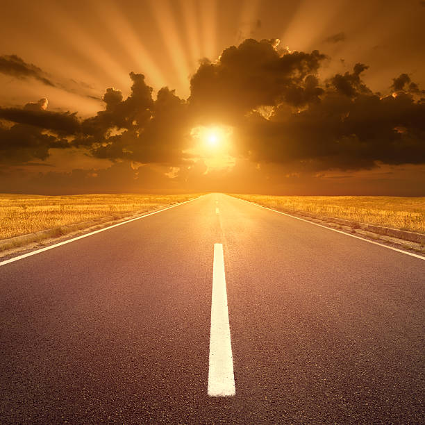 istock Driving on asphalt road at sunset towards the sun IV 456113013