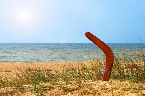 Landscape with boomerang on overgrown sandy beach against blue sea and sky.