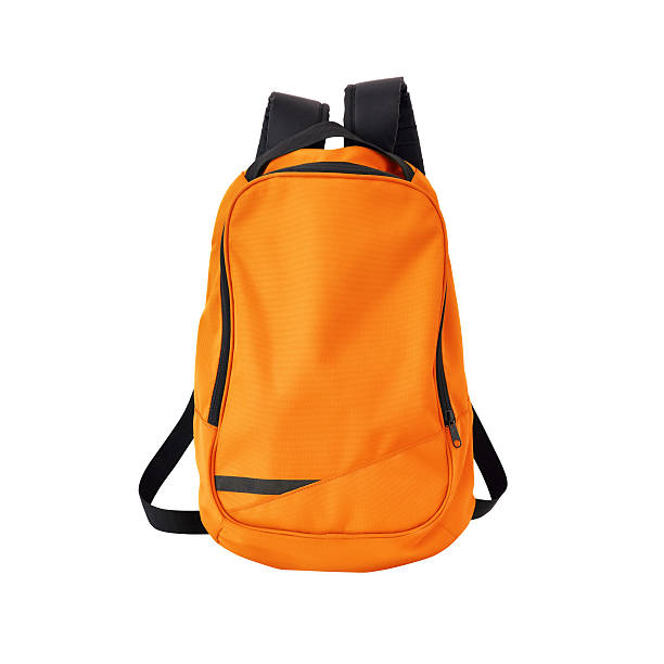 orange rucksack, isoliert mit path - schulranzen stock-fotos und bilder