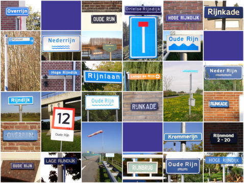 Collage of various signs referring to the river Rhine in the Netherlands