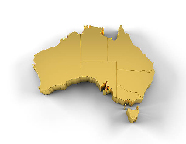 australie carte 3d avec membres gold et de tracé de détourage - objects with clipping paths continent 3d render map photos et images de collection