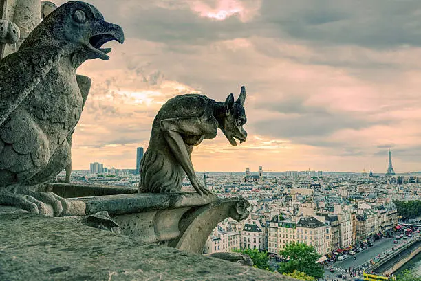 Chimeras (gargoyle) of the Cathedral of Notre Dame de Paris overlooking Paris, France