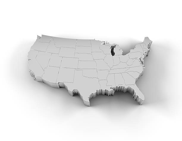 USA map 3D silver with states and clipping path High resolution USA map in 3D in silver with states and including a clipping path. washington pennsylvania stock pictures, royalty-free photos & images