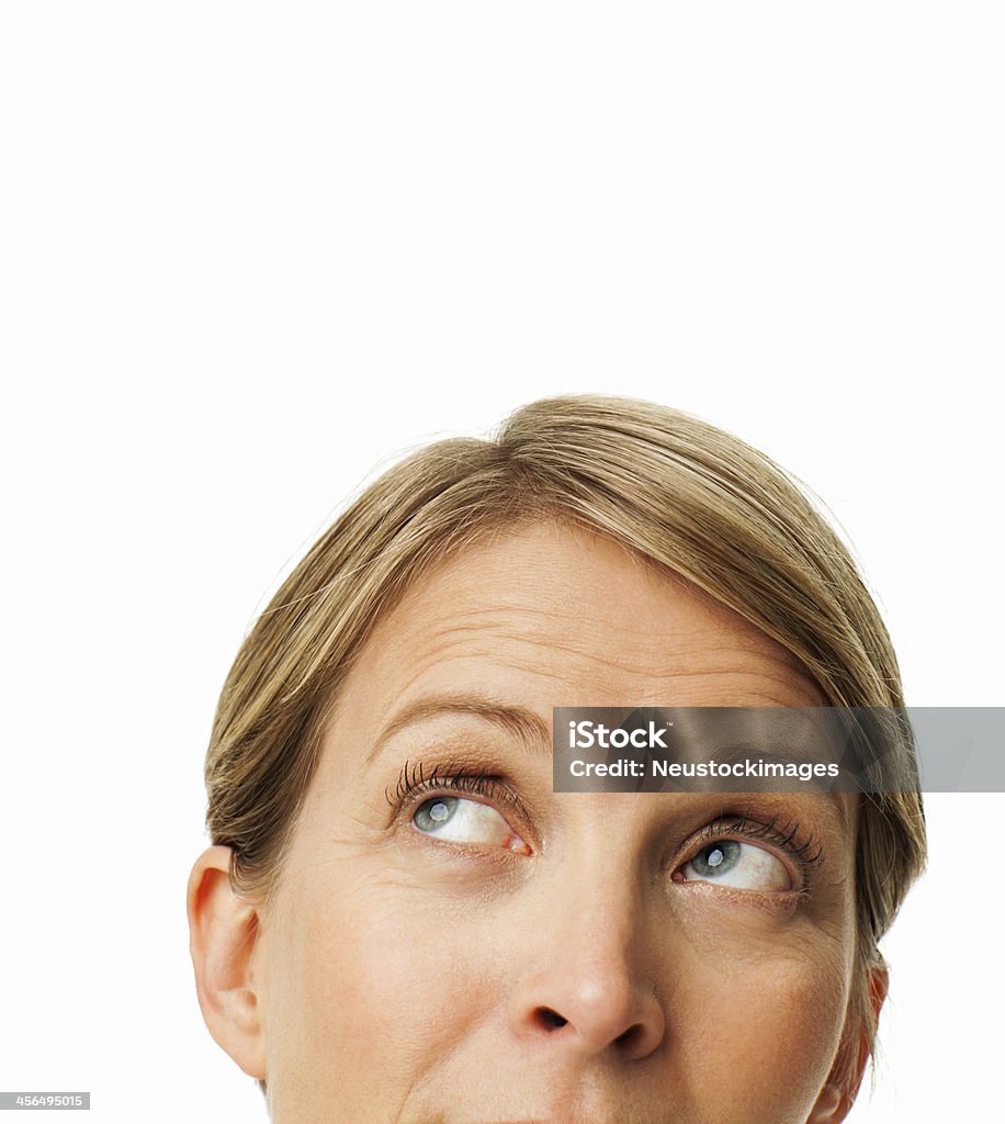 Frau mit Augenbraue hochziehen nachschlagen Textfreiraum - Lizenzfrei 30-34 Jahre Stock-Foto