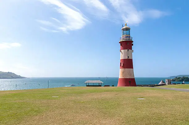 Red and white lighthouse in Plymouth, Great Britain