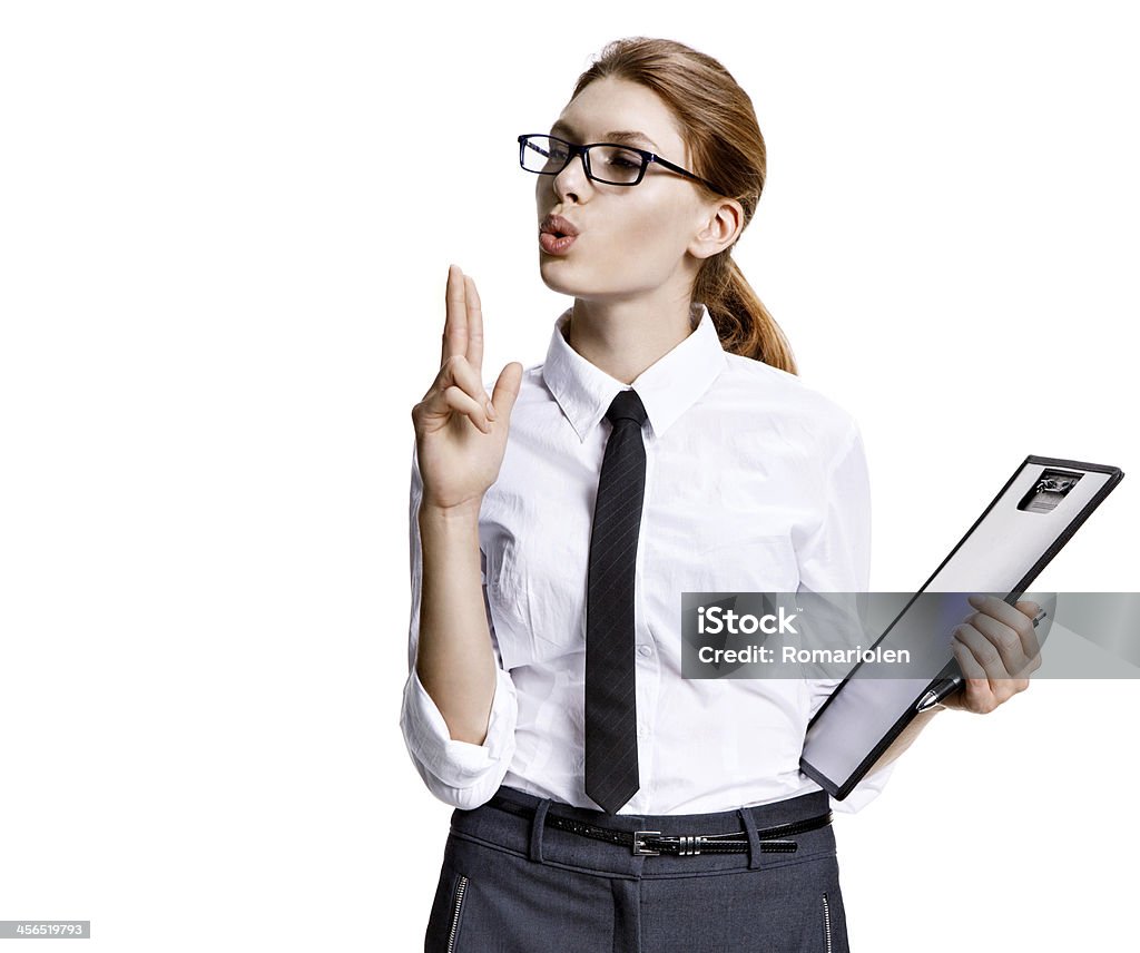 Accurate woman portrait of young attractive brunette woman wearing eyeglasses - isolated on white background Accuracy Stock Photo