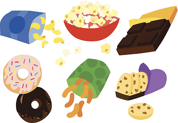 Tasty Sweet and Savory Snack Set Tasty Indulgent Sweet and Savory Snack Set with Donuts, Potato Chips, Pop Corn, Cheese Puffs and Chocolate Chip Cookies chocolate chip cookie drawing stock illustrations