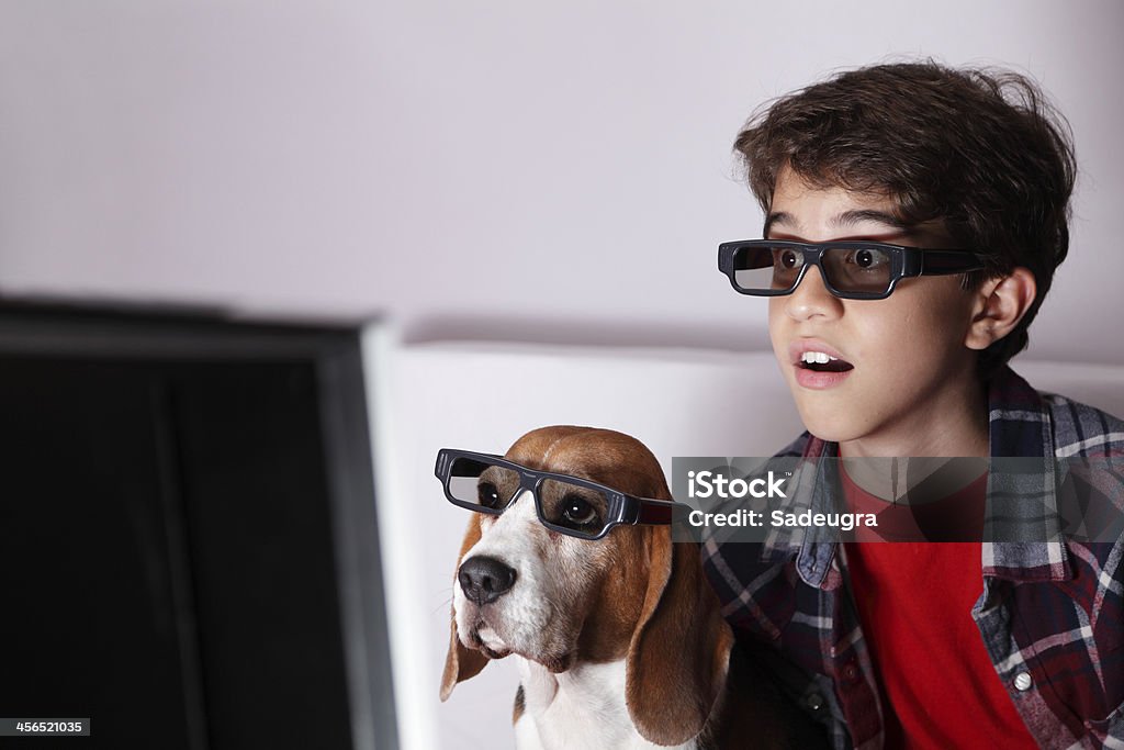 Look at That! Boy and dog watching a 3D movie Movie Stock Photo