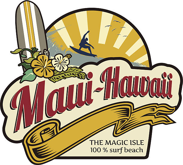 ilustraciones, imágenes clip art, dibujos animados e iconos de stock de explore etiqueta maui, hawaii días festivos - hawaii islands summer surfboard tropical climate