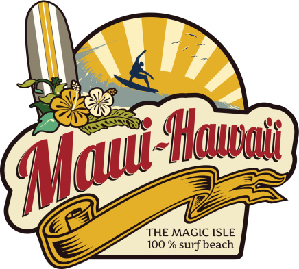 Maui-Hawaii Surfing holidays label retro style, with beach landscape at background, surfer, sunset, hibiscus and surfboard.