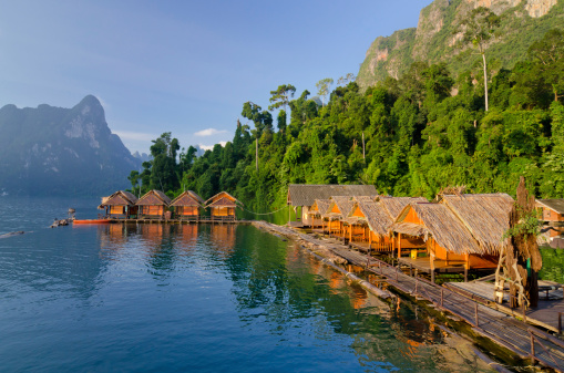Traditional Thai bamboo bungalows floating at the Cheow Lan Lake, Khao Sok National Park, Thailand