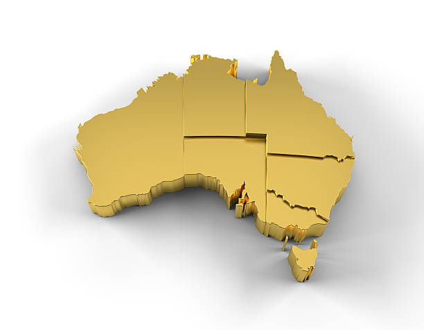 australia map 3d złota z członkowskie stopniową i ścieżka odcinania - stepwise zdjęcia i obrazy z banku zdjęć