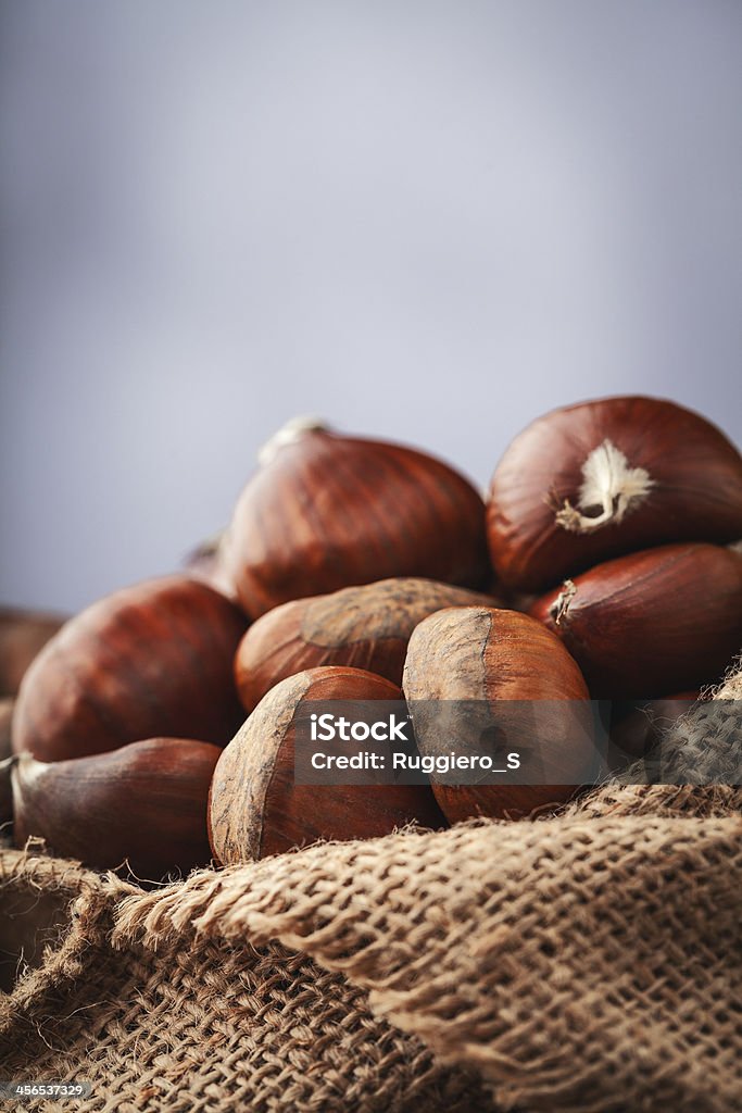 chestnuts in jute chestnuts, typical autumn winter fruit on background Agriculture Stock Photo