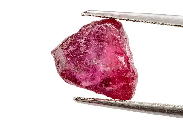 One red ruby crystal held by tweezers