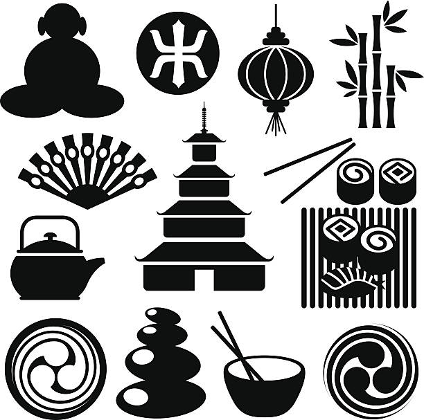 ilustraciones, imágenes clip art, dibujos animados e iconos de stock de iconos de estilo zen - religion symbol buddhism fish